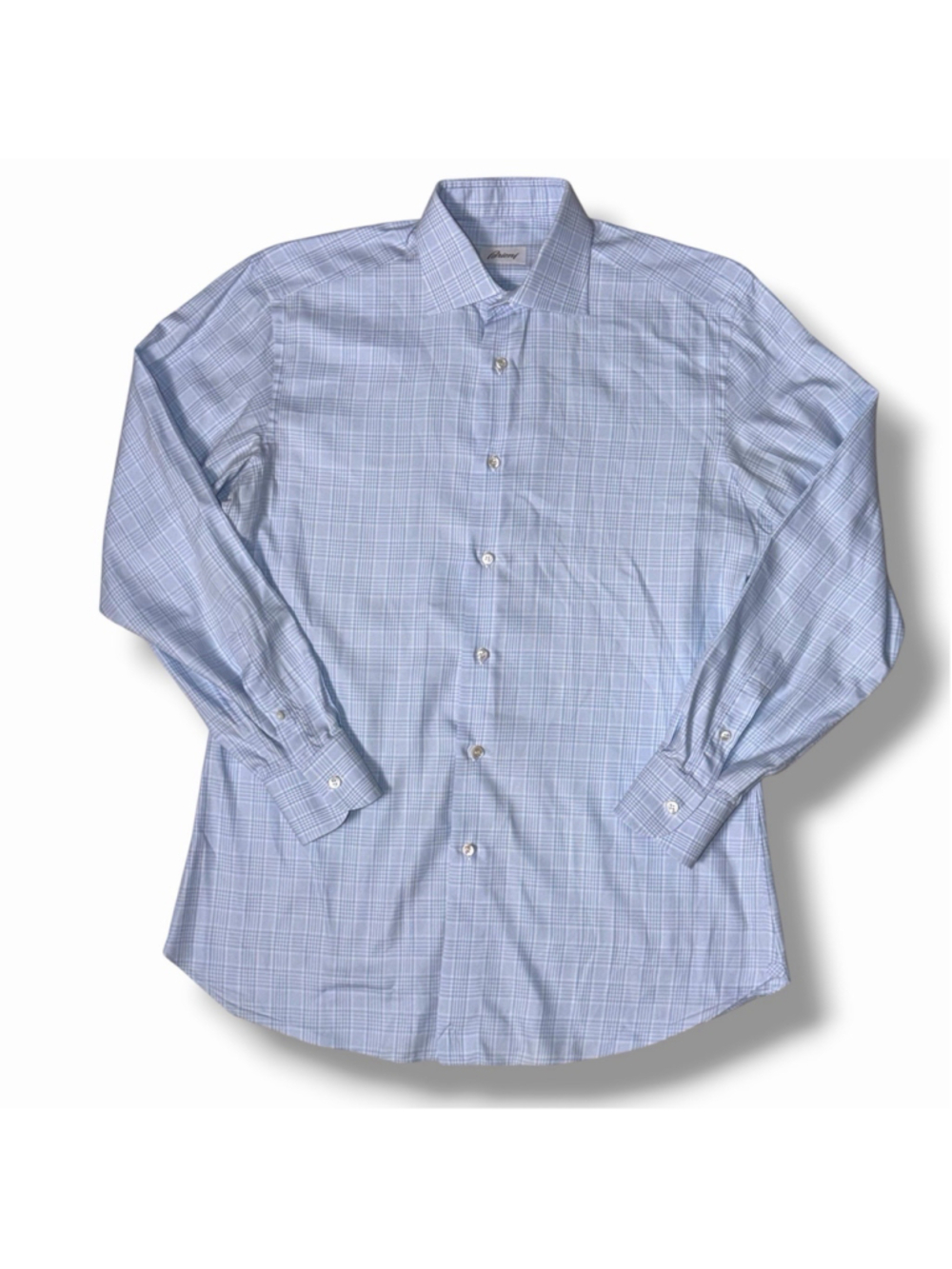 Brioni Button Down Shirt Mens 15.5 Blue White Plaid Check Italy Made Cotton SPOT